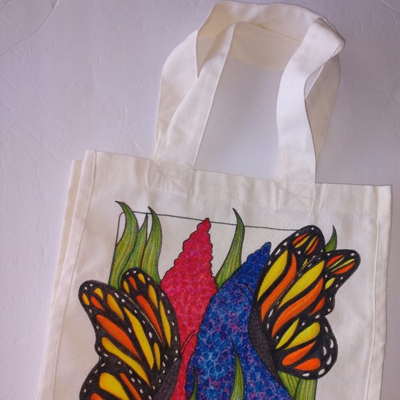 Hand-Painted Butterfly Tote Bag: Floral Art Reusable Canvas Tote 14x13x7 - Picture 10 of 14